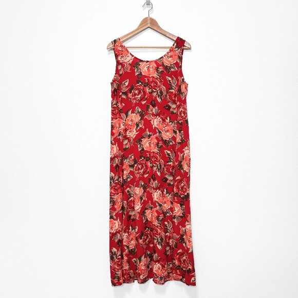 Vintage 90s Express Red Floral Sleeveless Maxi Dress Size 9/10 Medium - Picture 7 of 15